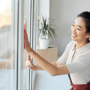 Wiping Glass Sliding Door with Cleaning Solution during Move Out Cleaning - Baltimore, MD - We Clean Baltimore